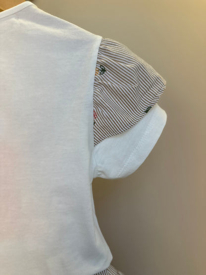 Conjunto Infantil blusa Gola Babado e Saia Tricoline Listrada Com Bordado - Um Mais Um