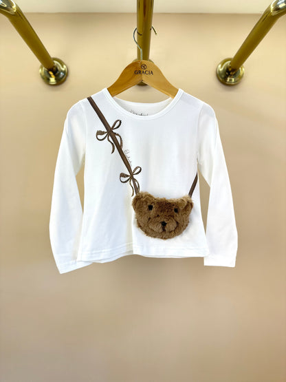 Blusa Infantil Cotton Bolsa Pele Ursinha Off White - Pituchinhus