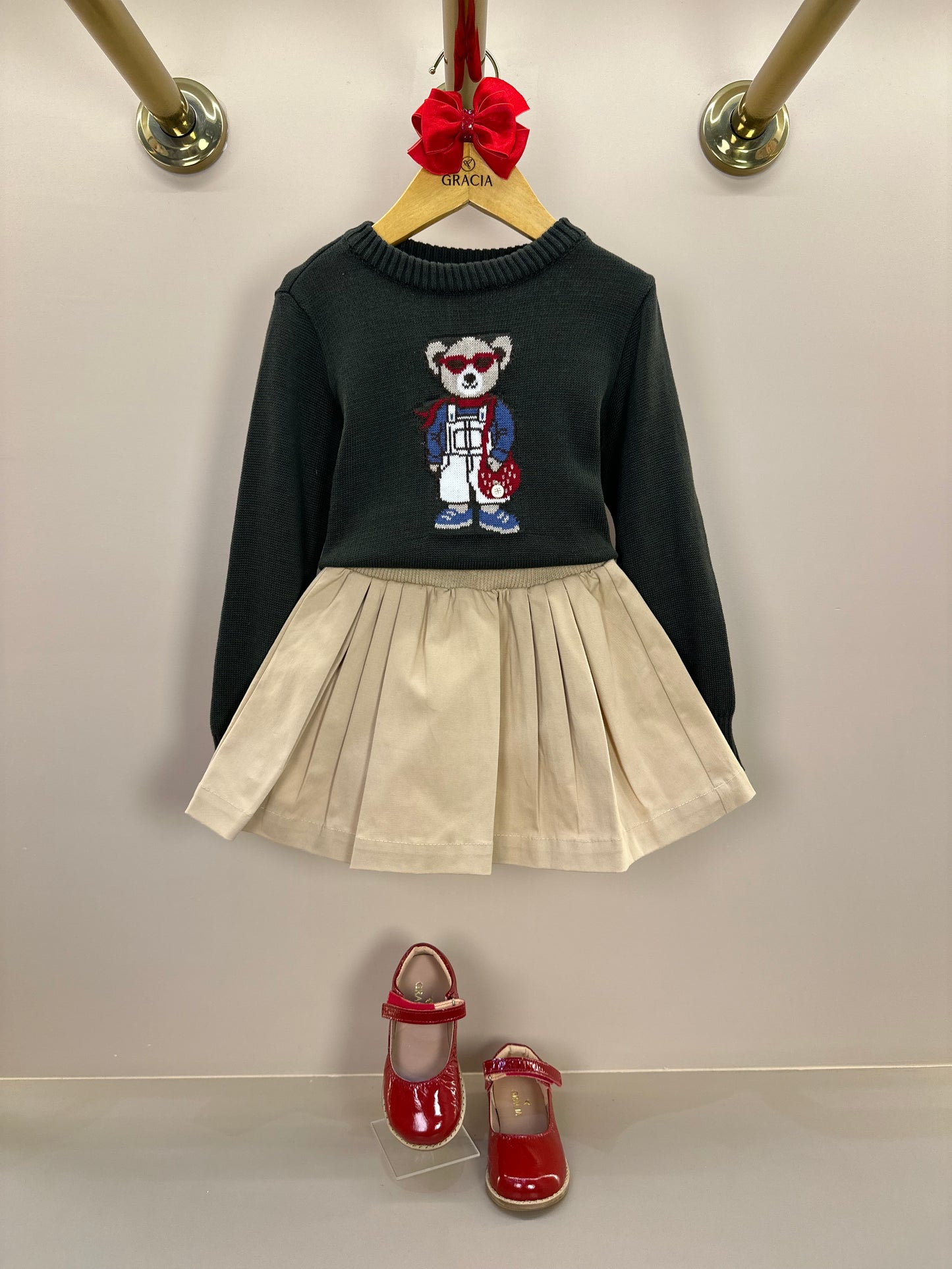 Saia-shorts Infantil Sarja Pregas Cós Tricot Bege - Um Mais Um