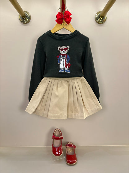 Saia-shorts Infantil Sarja Pregas Cós Tricot Bege - Um Mais Um