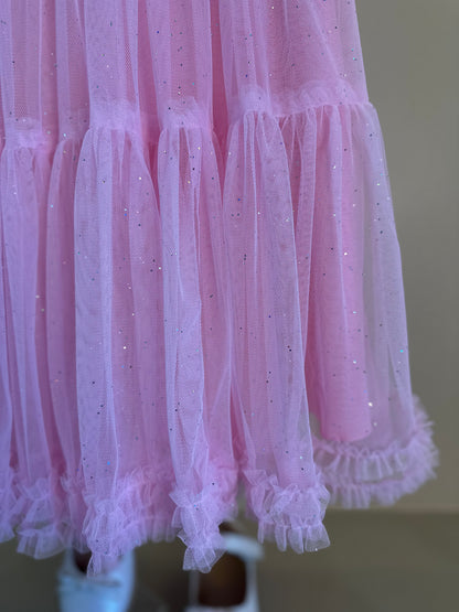 Vestido Infantil Trapézio Tule Glitter Bordado Rosa Baby - Petit Cherie