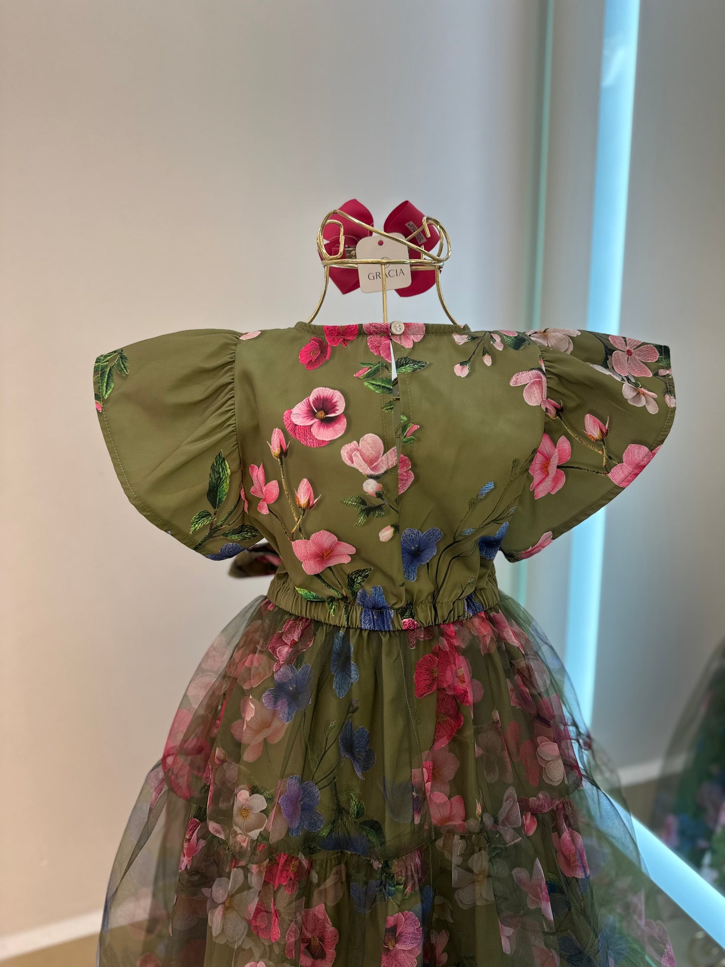 Vestido Infantil Conceito Tule Floral Bordado Verde Forest - Animê