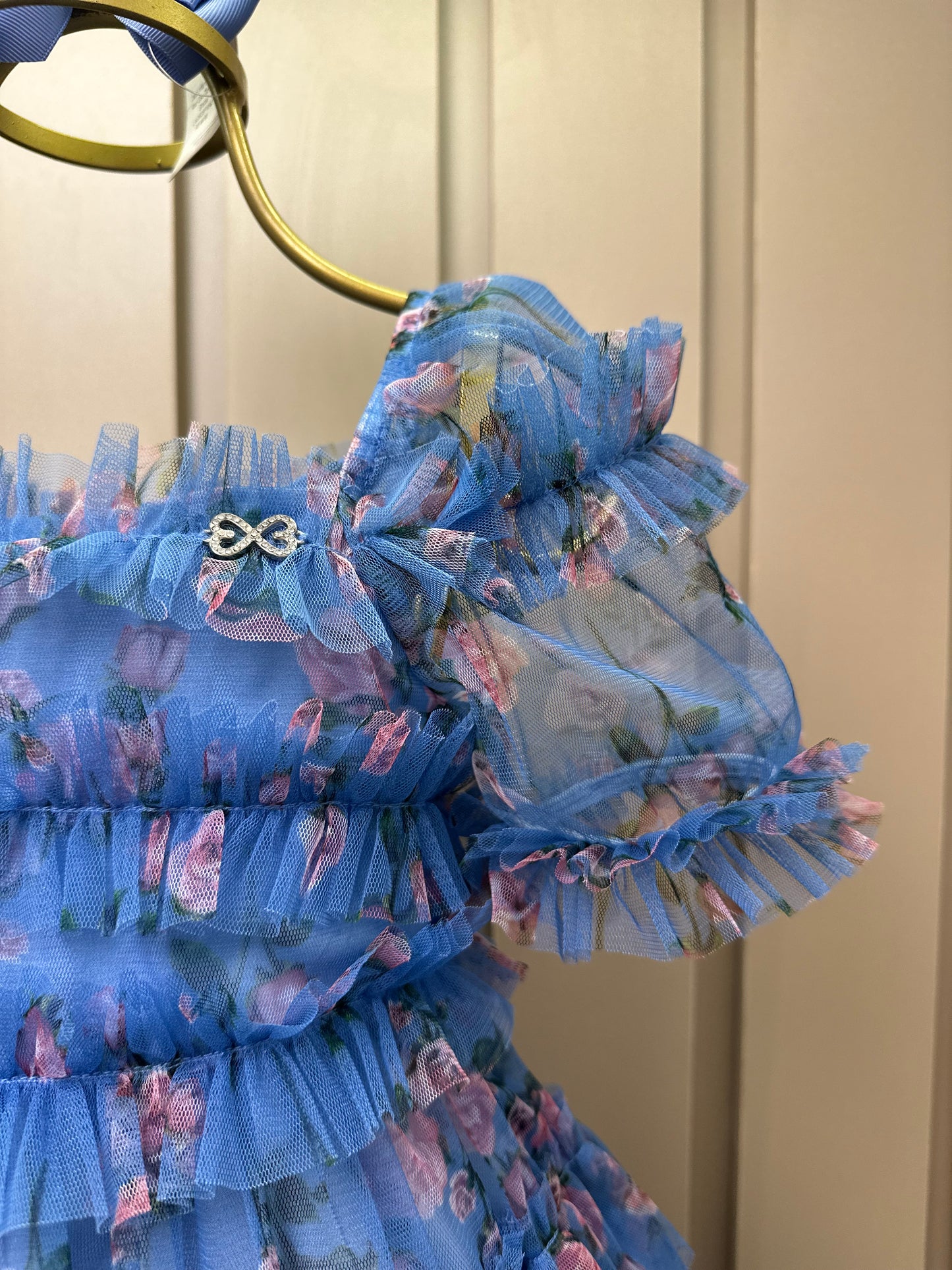 Vestido Infantil Midi Tule Floral Azul Babados - Luluzinha