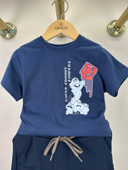 Conjunto Infantil Camiseta Johnny Jumpers Azul Marinho e Bermuda Molevisco Urban Flow Preto - Little Johnny