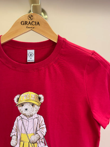 Camiseta Teen Baby Look Ursinho Amarração Mangas Vermelha - Two In