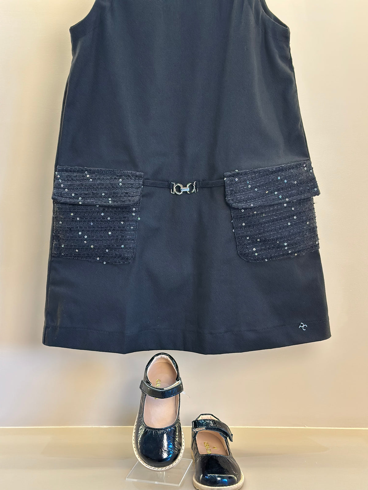 Vestido Infantil Trapézio Sarja Bolsos Tweed Paetê Preto - Petit Cherie