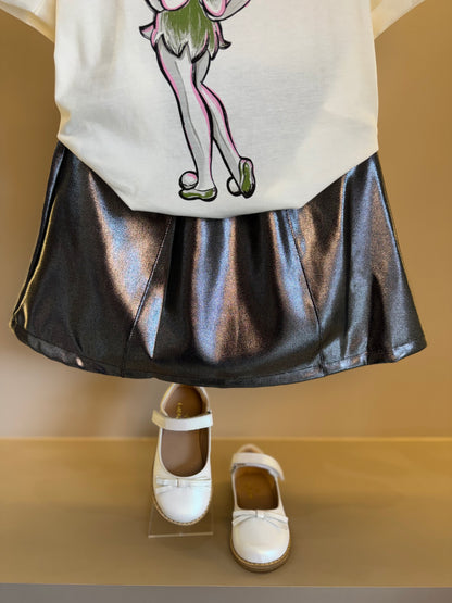 Conjunto Infantil Blusa Tiker Bell Off White e Saia Foil Prata - Animê Petite