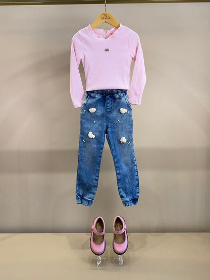 Conjunto Infantil Blusa Rosa ML e Calça Jogger Ursinhos Pompom Jeans - Gabriela Aquarela