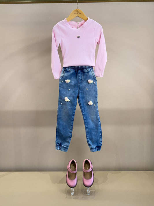 Conjunto Infantil Blusa Rosa ML e Calça Jogger Ursinhos Pompom Jeans - Gabriela Aquarela