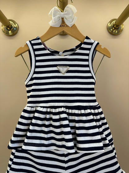 Conjunto Infantil Blusa Malha Listrada Com Amarração Nas Costas e Shorts Com Babadinho- Luluzinha