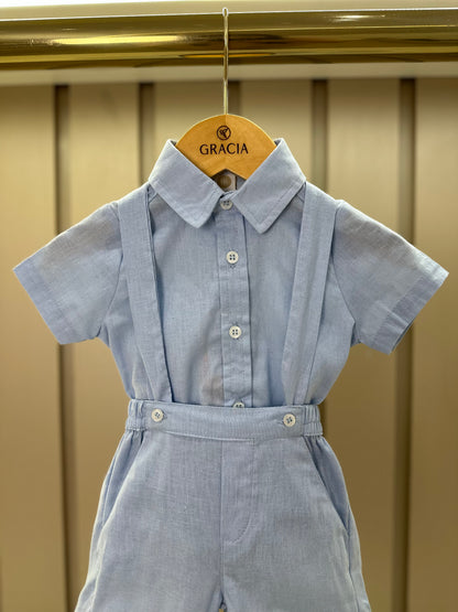 Conjunto Bebê Body, Bermuda e  Suspensório Cambraia Linho de Algodão Azul Claro - Um Mais Um