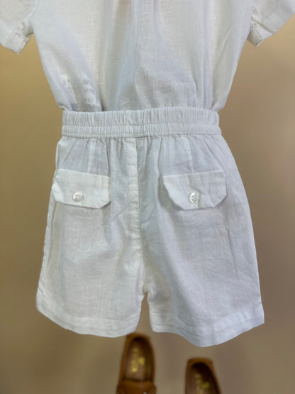 Conjunto Bebê Batizado Camisa-body e Bermuda Linho Misto Off White - Um Mais Um