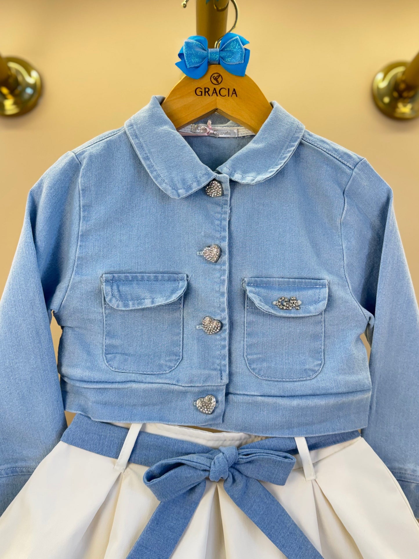 Conjunto Infantil Casaco Jeans e Saia de Pregas Branco - Gabriela Aquarela