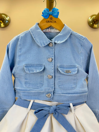 Conjunto Infantil Casaco Jeans e Saia de Pregas Branco - Gabriela Aquarela