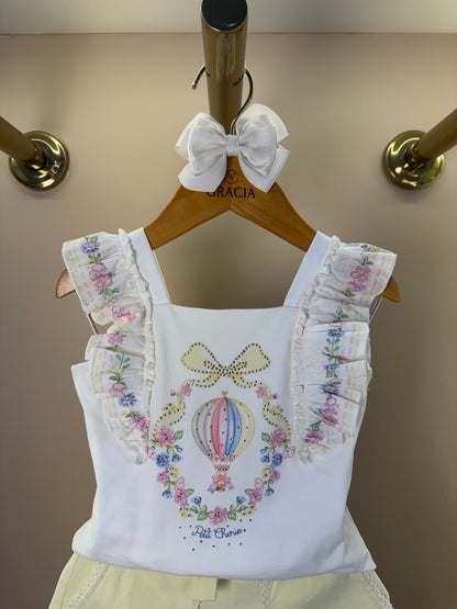 Conjunto Infantil Blusa Strass Estampa Florais Mangas Babadinho e Shorts Amarelo - Petit Cherie