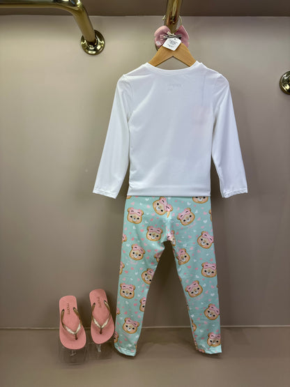 Pijama Infantil Blusa ML Ursinha Off e Legging Estampada Verde - Infanti