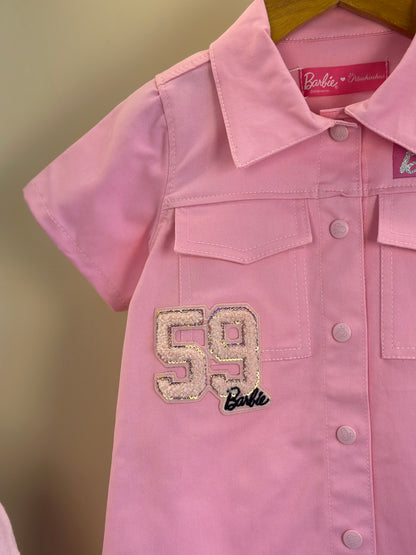 Vestido Infantil Sarja Bolsos Patches Barbie Rosa Romântico - Pituchinhus