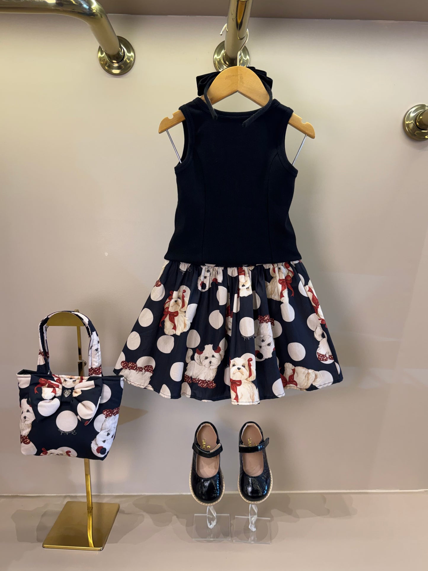 Conjunto Infantil Regata Maxi Laço e Saia e Algodão Cachorrinhos & Lacinhos Preto - Pituchinhus