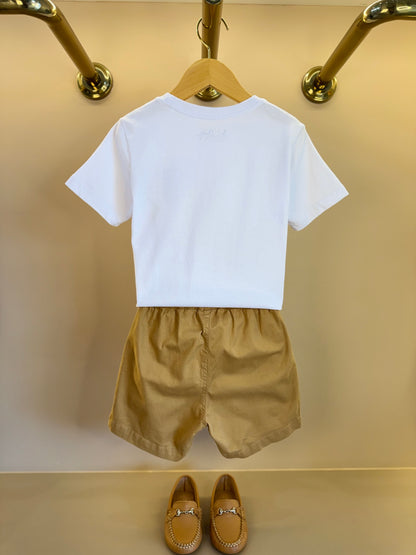 Conjunto Infantil Camiseta Branca e Shorts Bege - Dudes