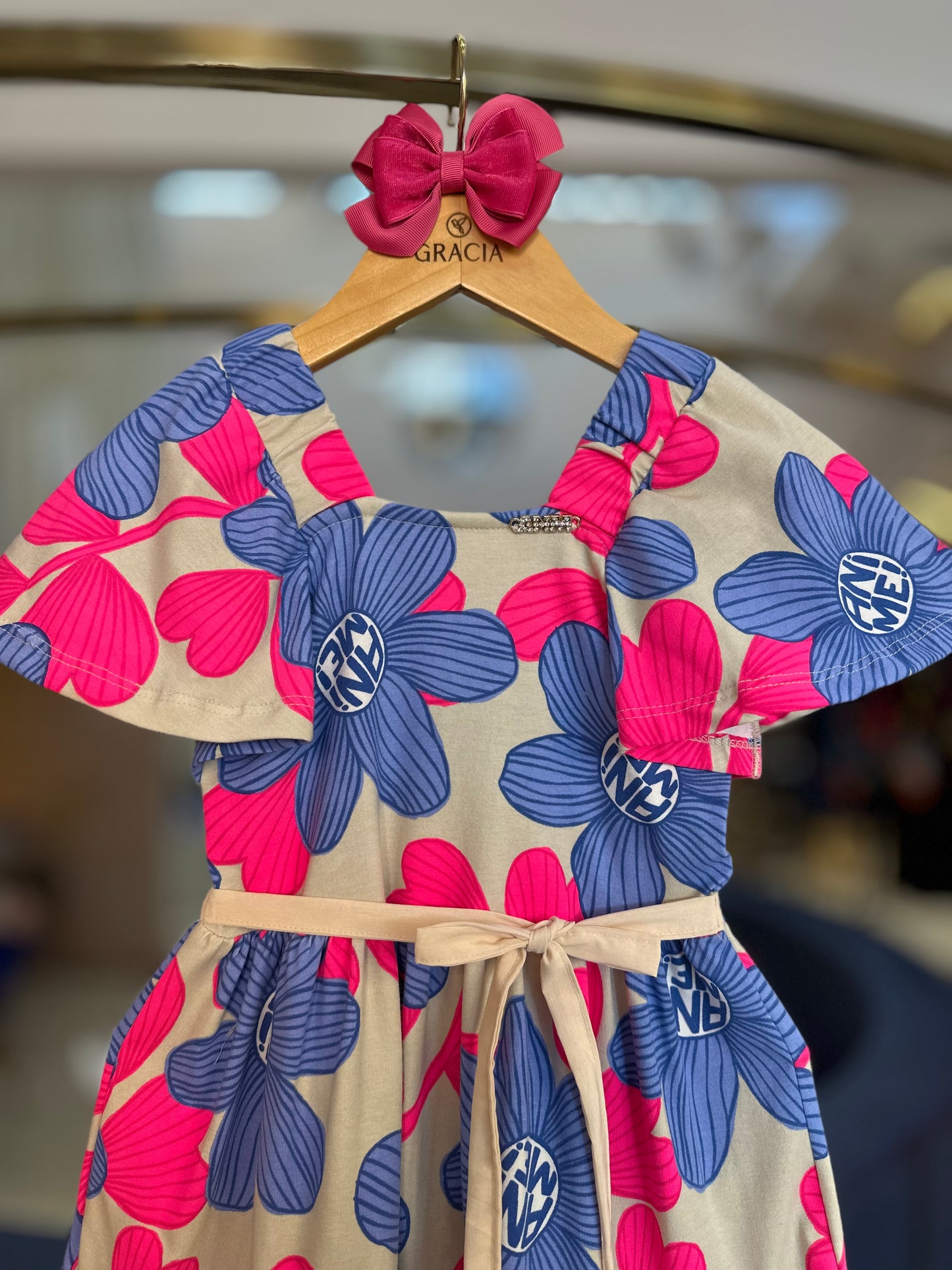 Vestido Infantil Mangas Amplas Flores Azuis - Animê