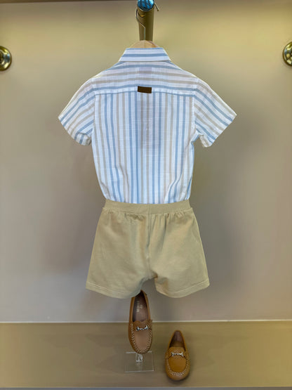 Conjunto Bebê Camisa-body Listras Azul/Amarelo e Bermuda Moletom Algodão Bege - Dame