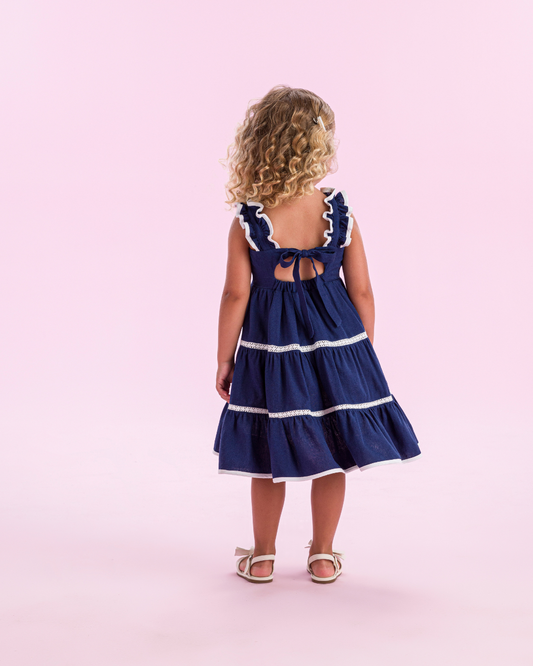 Vestido Infantil Linho Marinho Bordado Branco - Petit Cherie