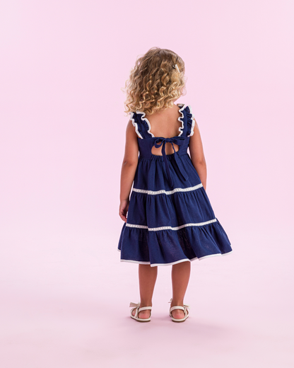 Vestido Infantil Linho Marinho Bordado Branco - Petit Cherie