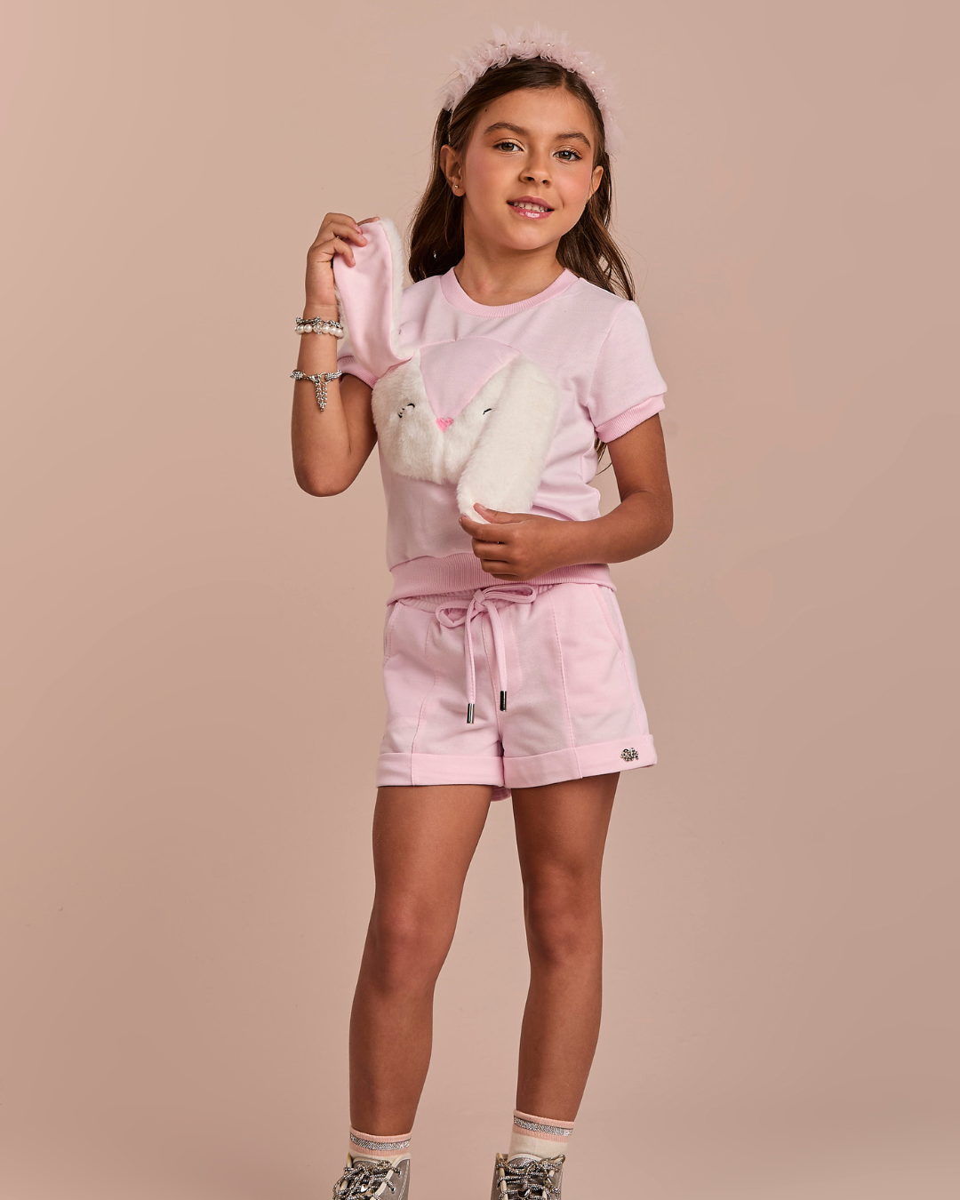 Conjunto Infantil Moletinho Comfy Blusa e Short Coelho 3D Rosa - Gabriela Aquarela