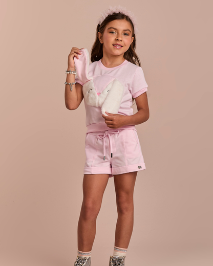 Conjunto Infantil Moletinho Comfy Blusa e Short Coelho 3D Rosa - Gabriela Aquarela