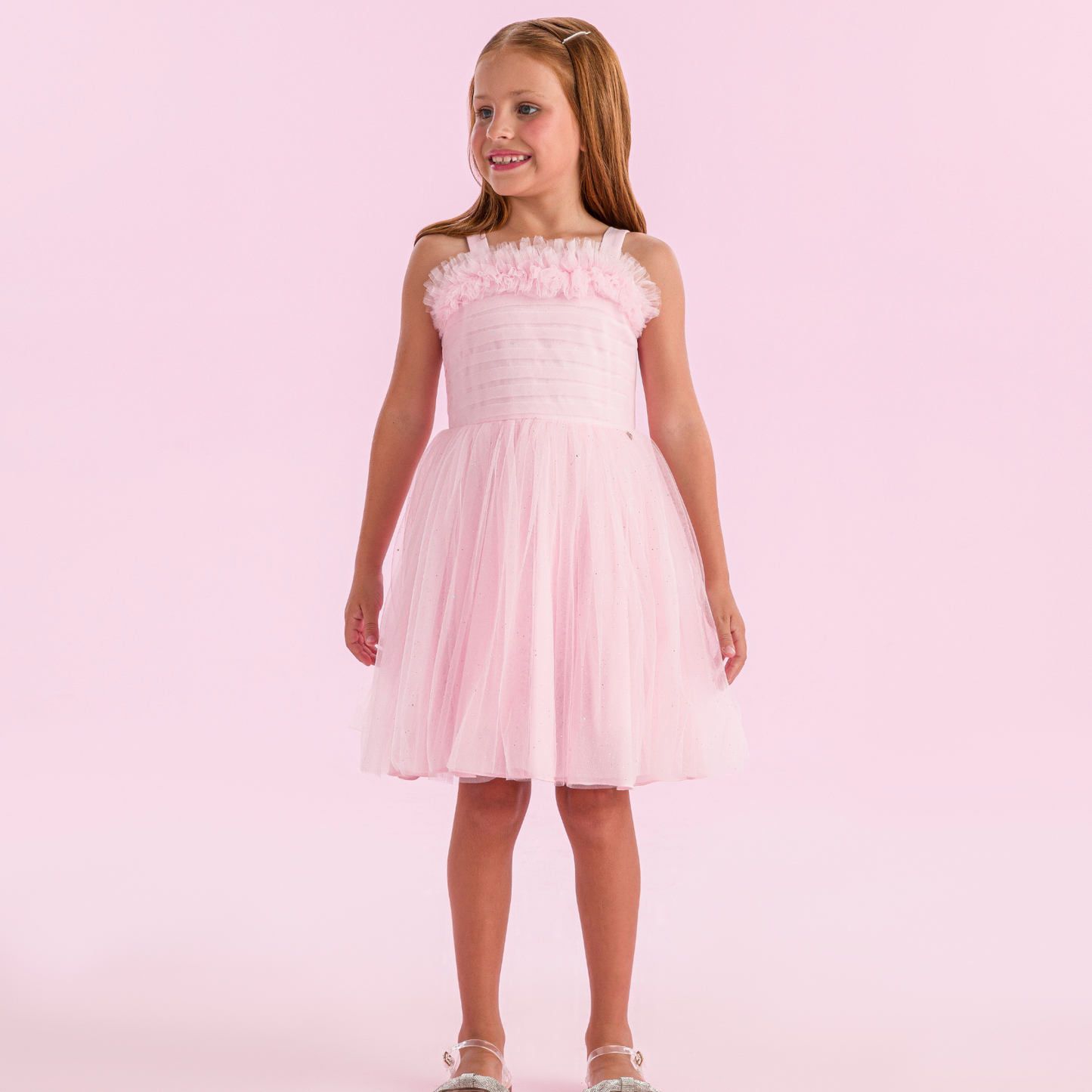 Vestido Infantil Tule com Brilho Tomas e Frufru Rosa Claro - Petit Cherie