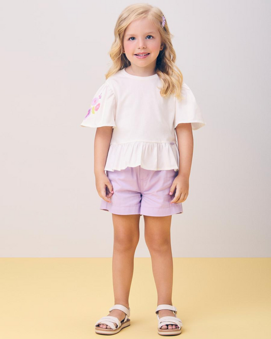 Conjunto Infantil Blusa Mangas Bordadas e Shorts Lilás - Momi
