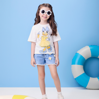 Conjunto Infantil Blusa Daisy Vestido Babadinho e Shorts Jeans Apliques Florzinhas - Momi PRÉ-VENDA