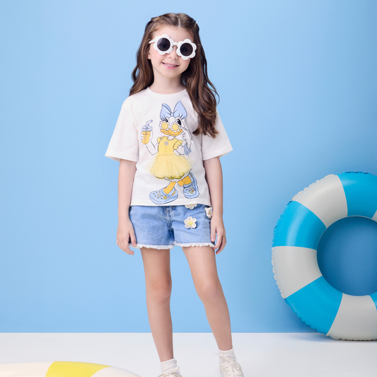 Conjunto Infantil Blusa Daisy Vestido Babadinho e Shorts Jeans Apliques Florzinhas - Momi PRÉ-VENDA