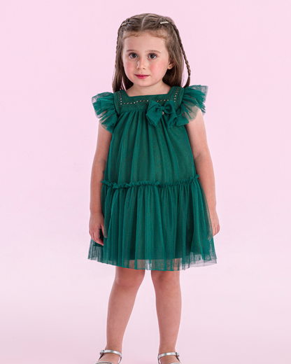 Vestido Infantil Trapézio Tule Bordado Paetê e Laço Verde - Petit Cherie