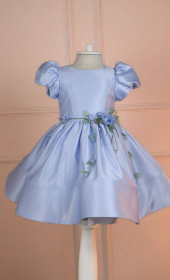 Vestido Infantil Festa Laço Costas e Flores Azul - Mio Bebê