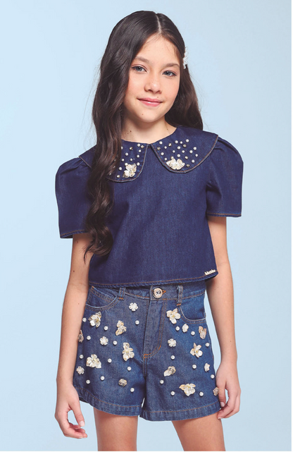 Conjunto Infantil Blusa Jeans Bordada Flores e Short Jeans Branco - Luluzinha PRÉ-VENDA