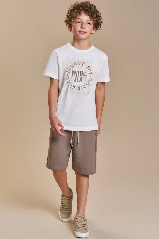 Conjunto Infantil Camisa Off White e Bermuda Marrom - Little Johnny