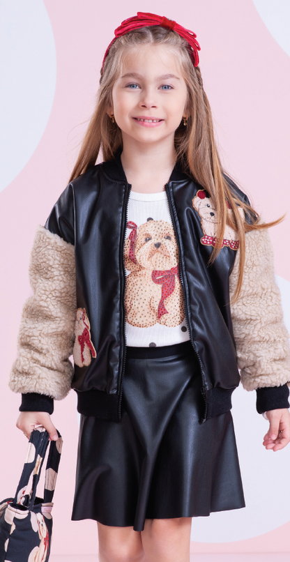 Conjunto Infantil Blusa ML Poás Cachorrinho Lacinhos Cristais e Saia Evasê Couro Tech Preta - Pituchinhus
