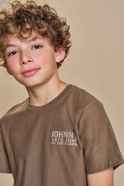 Conjunto Infantil Camiseta Marrom e Bermuda Sarja Off White - Little Johnny