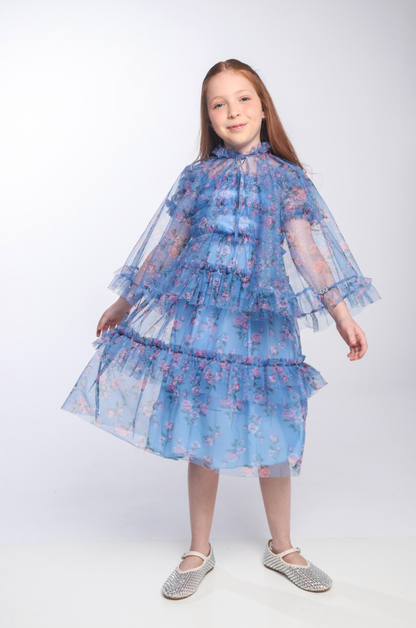 Vestido Infantil Midi Tule Floral Azul Babados - Luluzinha