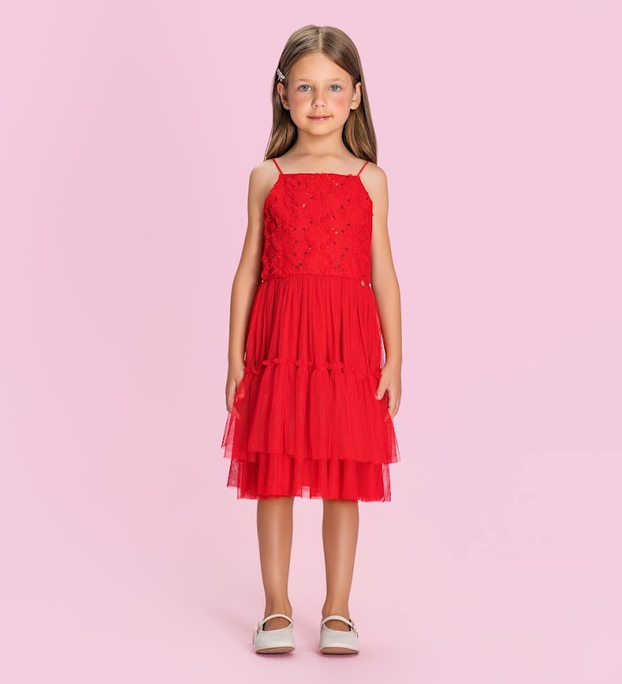 Vestido Infantil Vermelho de Alça Bordado com Strass Saia de Tule - Petit Cherie