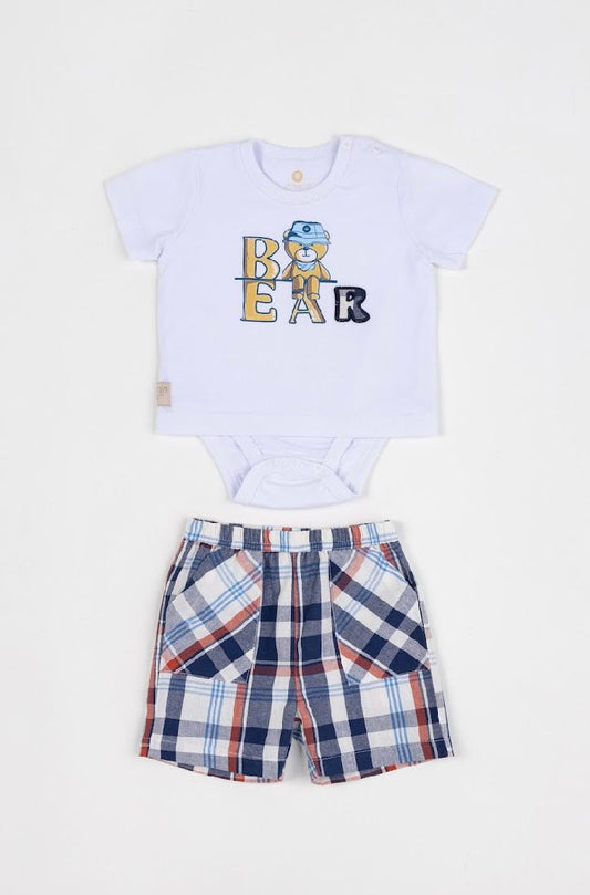 Conjunto Bebê Camiseta-Body Bear e Bermuda Xadrez Azul - Um Mais Um