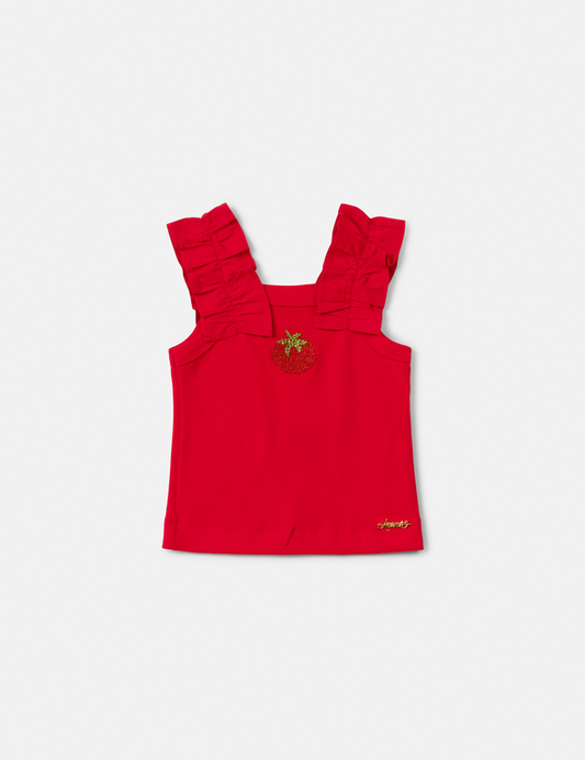 Blusa Infantil Vermelha com Alças de Babados e Aplicação de Tomate em Pedras – Animê