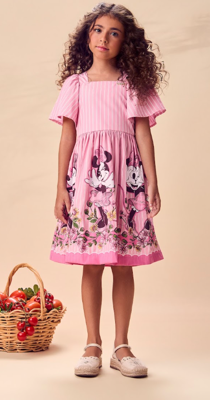 Vestido Infantil Rosa Listrado Minnie Floral - Animê