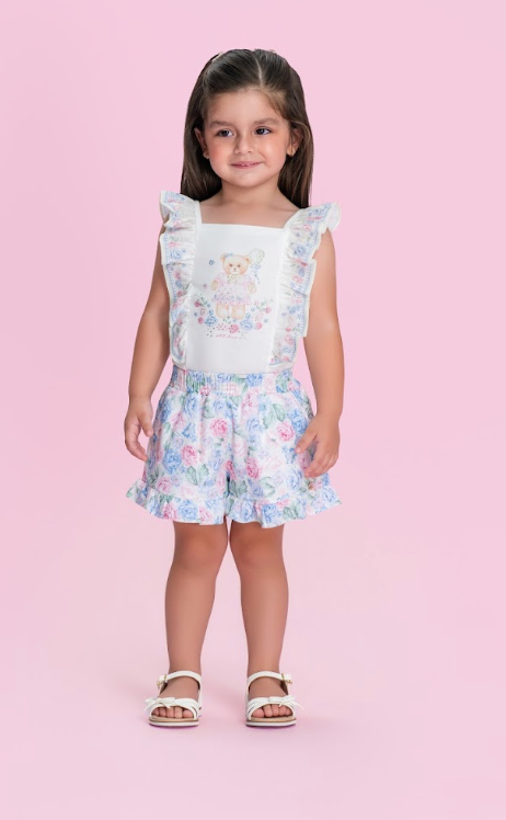 Conjunto Infantil Blusa Ursinha Babadinhos e Shorts Estampa Florais - Petit Cherie