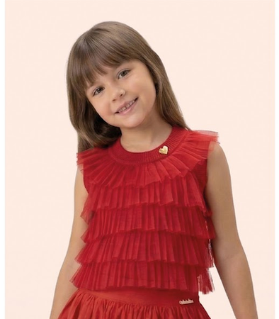 Conjunto Infantil Regata Canelada Vermelha com Babados Tule Saia Shorts Jeans Pochete - Luluzinha