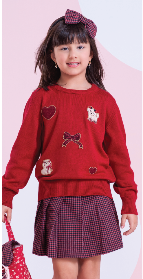 Conjunto Infantil Blusa Tricot Patches Cachorrinhos e Saia-shorts Xadrez Pregas - Pituchinhus