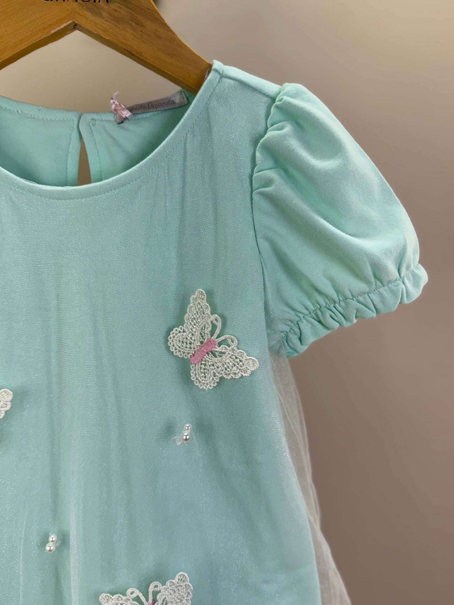Vestido Infantil Turquesa De Tule Com Borboletas Verde - Gabriela Aquarela