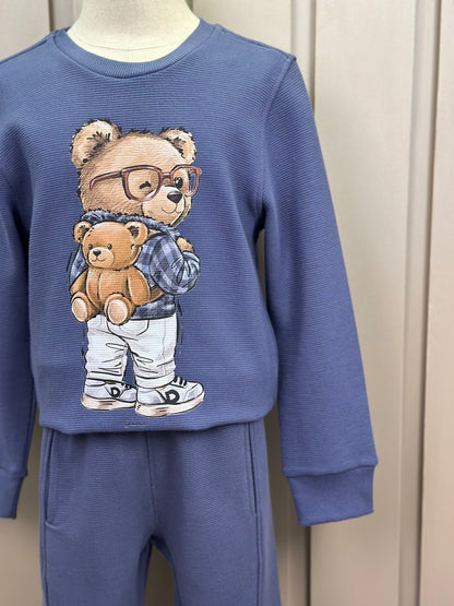 Conjunto Infantil Blusa e Calça Malha Texturizada Teddy Mochila Denim - Dame