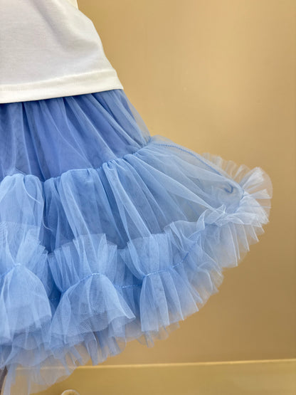 Conjunto Infantil Blusa Cotton Off White Love E Saia Tule Azul Fru-Fru - Pituchinhus